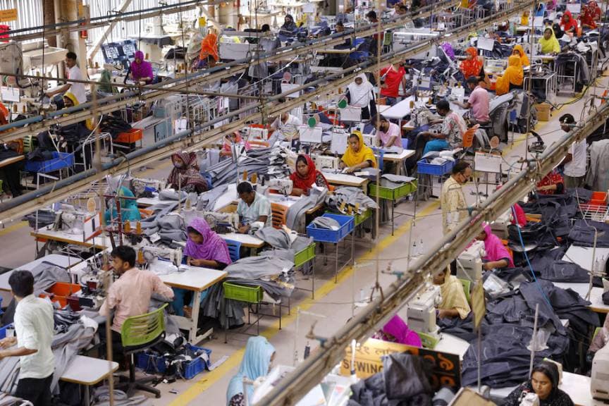 Garment production line inside factory floor